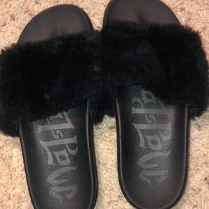 Black fuzzy slides